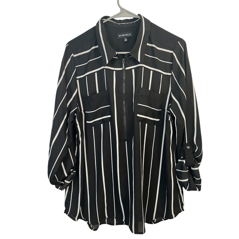 My Michelle Women's Black/White Striped Roll Tab Sleeve Blouse - Size XL